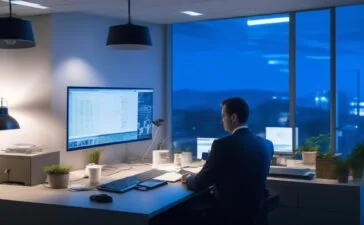 Ein hell erleuchteter, moderner Arbeitsplatz mit einem fokussierten IT-Administrator, der konzentriert an einem hochwertigen NAS-Gerät arbeitet, umgeben von warmen Holztönen und dezent natürlichem Tageslicht, das eine freundliche und vertrauensvolle Atmosphäre für Cybersicherheit und technische Präzision vermittelt.