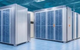 In einem hell erleuchteten, modernen Rechenzentrum fügen sich hochmoderne Batteriesysteme elegant zwischen stilvolle Serverracks, während warmes Tageslicht die futuristische Infrastruktur in ein freundliches, einladendes Ambiente taucht und dabei die Verantwortung für nachhaltige Energie greifbar macht.