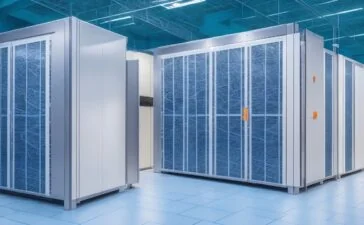 In einem hell erleuchteten, modernen Rechenzentrum fügen sich hochmoderne Batteriesysteme elegant zwischen stilvolle Serverracks, während warmes Tageslicht die futuristische Infrastruktur in ein freundliches, einladendes Ambiente taucht und dabei die Verantwortung für nachhaltige Energie greifbar macht.