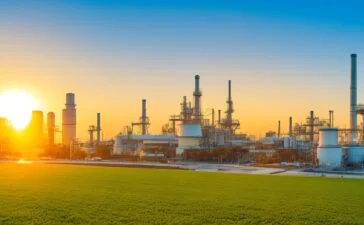 Helles, lebendiges Foto eines modernen Rechenzentrums auf einem großzügigen Industrieareal bei Sonnenaufgang, in warmer natürlicher Beleuchtung, mit klaren Details von Gebäudestrukturen und umgebender grüner Landschaft, das die Hoffnung auf neue Arbeitsplätze und nachhaltige Energielösungen in Gießen symbolisiert.