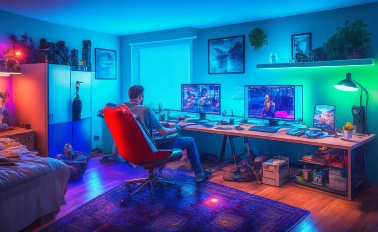 Ein lebhaftes, natürlich ausgeleuchtetes Foto zeigt einen jungen Menschen in einem gemütlichen, modernen Zimmer, der konzentriert mit leichtem Lächeln an einem Laptop sitzt und leidenschaftlich an einem Videospiel-Modding-Projekt arbeitet, umgeben von dezent dekorierten Gaming-Utensilien und warmem Tageslicht, das eine einladende, kreative Atmosphäre voller digitaler Freiheit und individueller Gestaltung vermittelt.