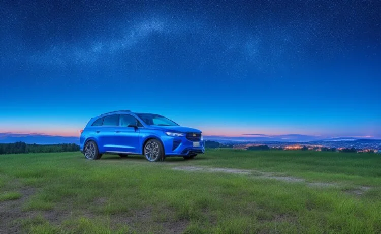 Ein strahlender E-SUV steht bei sommerlichem Tageslicht auf einer weiten Landstraße, umgeben von sanften Hügeln und blauem Himmel, während eine Familie entspannt und begeistert in das Fahrzeug einsteigt – ein Symbol für moderne Elektromobilität mit großer Reichweite und emotionaler Freiheit.