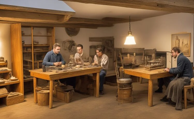 Ein lichtdurchflutetes Atelier mit sanftem Tageslicht, in dem eine Restauratorin behutsam an einem antiken Gemälde arbeitet, während ein moderner Laptop mit komplexen KI-Programmen neben ihr steht – die harmonische Verbindung von traditioneller Handwerkskunst und innovativer Technologie strahlt eine freundliche, hoffnungsvolle Atmosphäre aus.