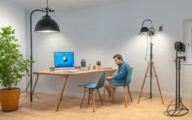 Eine helle, freundlich ausgeleuchtete Szene in einem modernen Heimstudio, in der eine junge Podcasterin entspannt vor einem hochwertigen Mikrofon sitzt und konzentriert in einen Laptop spricht, umgeben von warmen Holztönen und natürlichen Sonnenstrahlen, die durch ein großes Fenster fallen und eine Atmosphäre kreativer Innovation und technischer Zukunftskraft vermitteln.