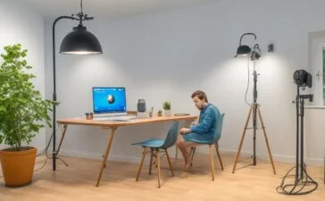 Eine helle, freundlich ausgeleuchtete Szene in einem modernen Heimstudio, in der eine junge Podcasterin entspannt vor einem hochwertigen Mikrofon sitzt und konzentriert in einen Laptop spricht, umgeben von warmen Holztönen und natürlichen Sonnenstrahlen, die durch ein großes Fenster fallen und eine Atmosphäre kreativer Innovation und technischer Zukunftskraft vermitteln.