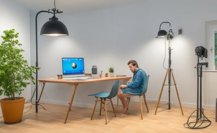 Eine helle, freundlich ausgeleuchtete Szene in einem modernen Heimstudio, in der eine junge Podcasterin entspannt vor einem hochwertigen Mikrofon sitzt und konzentriert in einen Laptop spricht, umgeben von warmen Holztönen und natürlichen Sonnenstrahlen, die durch ein großes Fenster fallen und eine Atmosphäre kreativer Innovation und technischer Zukunftskraft vermitteln.