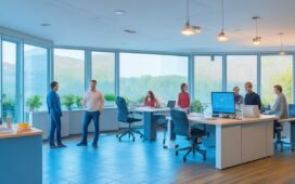 Ein lebendiges, hell erleuchtetes Büro mit einem lächelnden Entwicklerteam, das konzentriert und harmonisch an Bildschirmen mit komplexem Code zusammenarbeitet, während warme Sonnenstrahlen durch große Fenster strömen und eine einladende Atmosphäre der kreativen Kollaboration schaffen.