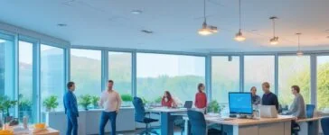 Ein lebendiges, hell erleuchtetes Büro mit einem lächelnden Entwicklerteam, das konzentriert und harmonisch an Bildschirmen mit komplexem Code zusammenarbeitet, während warme Sonnenstrahlen durch große Fenster strömen und eine einladende Atmosphäre der kreativen Kollaboration schaffen.