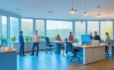 Ein lebendiges, hell erleuchtetes Büro mit einem lächelnden Entwicklerteam, das konzentriert und harmonisch an Bildschirmen mit komplexem Code zusammenarbeitet, während warme Sonnenstrahlen durch große Fenster strömen und eine einladende Atmosphäre der kreativen Kollaboration schaffen.