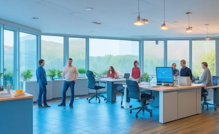 Ein lebendiges, hell erleuchtetes Büro mit einem lächelnden Entwicklerteam, das konzentriert und harmonisch an Bildschirmen mit komplexem Code zusammenarbeitet, während warme Sonnenstrahlen durch große Fenster strömen und eine einladende Atmosphäre der kreativen Kollaboration schaffen.