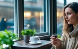 Eine junge Frau sitzt in einem sonnendurchfluteten Café am Fenster, blickt nachdenklich auf ihr Smartphone, während warme Tageslichtstrahlen ihr Gesicht sanft umspielen und im Hintergrund verschwommen andere Gäste in einem lebendigen, aber ruhigen Ambiente zu sehen sind – symbolisch für die stille Sehnsucht nach echter menschlicher Nähe trotz digitaler Verbundenheit.