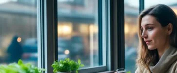 Eine junge Frau sitzt in einem sonnendurchfluteten Café am Fenster, blickt nachdenklich auf ihr Smartphone, während warme Tageslichtstrahlen ihr Gesicht sanft umspielen und im Hintergrund verschwommen andere Gäste in einem lebendigen, aber ruhigen Ambiente zu sehen sind – symbolisch für die stille Sehnsucht nach echter menschlicher Nähe trotz digitaler Verbundenheit.