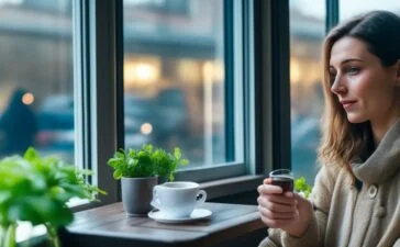 Eine junge Frau sitzt in einem sonnendurchfluteten Café am Fenster, blickt nachdenklich auf ihr Smartphone, während warme Tageslichtstrahlen ihr Gesicht sanft umspielen und im Hintergrund verschwommen andere Gäste in einem lebendigen, aber ruhigen Ambiente zu sehen sind – symbolisch für die stille Sehnsucht nach echter menschlicher Nähe trotz digitaler Verbundenheit.