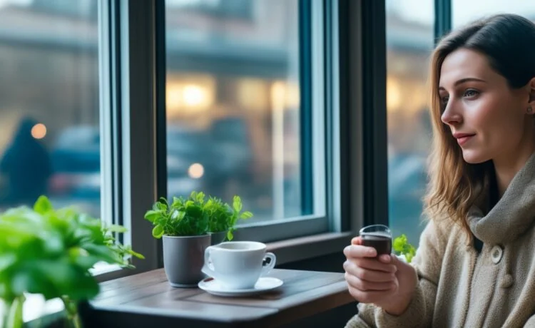 Eine junge Frau sitzt in einem sonnendurchfluteten Café am Fenster, blickt nachdenklich auf ihr Smartphone, während warme Tageslichtstrahlen ihr Gesicht sanft umspielen und im Hintergrund verschwommen andere Gäste in einem lebendigen, aber ruhigen Ambiente zu sehen sind – symbolisch für die stille Sehnsucht nach echter menschlicher Nähe trotz digitaler Verbundenheit.