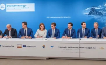 Ein heller, freundlicher Konferenzraum mit einem aufmerksamen Team aus verschiedenen Fachleuten mittleren Alters, die sich in entspannter Atmosphäre angeregt über neue technologische Herausforderungen austauschen, während warme Tageslichter durch große Fenster fluten und für eine einladende, produktive Stimmung sorgen.