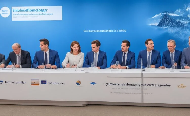 Ein heller, freundlicher Konferenzraum mit einem aufmerksamen Team aus verschiedenen Fachleuten mittleren Alters, die sich in entspannter Atmosphäre angeregt über neue technologische Herausforderungen austauschen, während warme Tageslichter durch große Fenster fluten und für eine einladende, produktive Stimmung sorgen.
