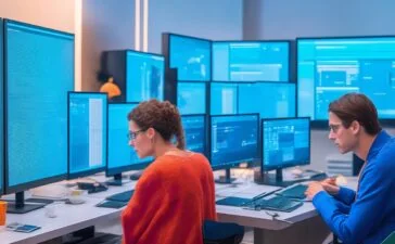 Ein hell erleuchteter moderner Arbeitsplatz mit motiviert arbeitenden Entwicklerinnen und Entwicklern vor mehreren Bildschirmen, die konzentriert und engagiert Rust-Code für sichere Windows-Treiber schreiben, umgeben von warmem Tageslicht, das eine angenehme und freundliche Atmosphäre schafft.