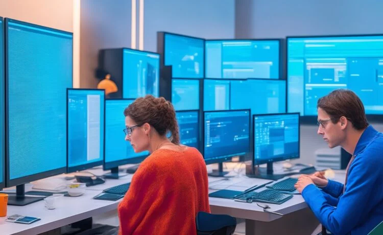 Ein hell erleuchteter moderner Arbeitsplatz mit motiviert arbeitenden Entwicklerinnen und Entwicklern vor mehreren Bildschirmen, die konzentriert und engagiert Rust-Code für sichere Windows-Treiber schreiben, umgeben von warmem Tageslicht, das eine angenehme und freundliche Atmosphäre schafft.