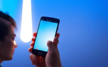 Ein hell erleuchteter, moderner Arbeitsplatz mit einem lächelnden Menschen, der konzentriert ein aktuelles Samsung Galaxy Smartphone in der Hand hält, umgeben von warmem Tageslicht und sorgfältig arrangierten technischen Details, die Zuverlässigkeit und Dringlichkeit eines wichtigen Sicherheitsupdates versprühen.