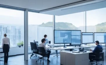 In einem modernen, lichtdurchfluteten Büro sitzt eine junge, motivierte Fachkraft lächelnd vor mehreren Bildschirmen mit klar strukturierten Webseiten und Datenanalysen, während durch das große Fenster warmes Tageslicht fällt und eine Atmosphäre von Optimismus und digitaler Innovation vermittelt wird.