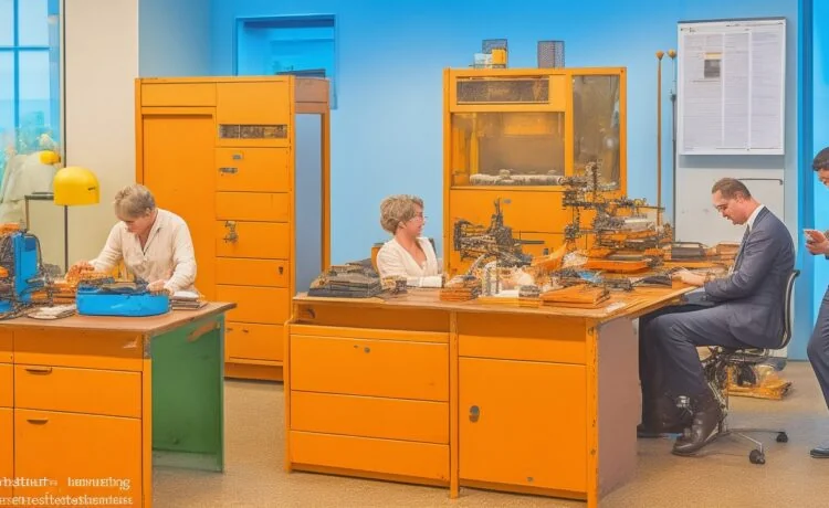 Ein heller, freundlicher Arbeitsplatz mit Entwickler:innen in konzentrierter, harmonischer Teamarbeit vor Bildschirmen, die komplexe Codezeilen in Rust zeigen, umgeben von warmem Tageslicht und moderner Technik, die Sicherheit und Stabilität in der Webentwicklung symbolisiert.