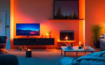 Ein helles, sorgfältig komponiertes Foto eines modernen Wohnzimmers mit einem dezent platzierten Fire TV Stick am Fernseher, dessen warme, natürliche Lichtstimmung Geborgenheit vermittelt und gleichzeitig subtil auf die verborgenen Sicherheitsrisiken im digitalen Alltag hinweist.