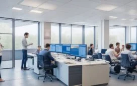 Ein sonnendurchflutetes, modernes Büro mit einem Team aus konzentrierten IT-Profis, die gemeinsam an Bildschirmen mit Code und Sicherheitsdiagrammen arbeiten, während warme Tageslichtstrahlen durch große Fenster fallen und eine Atmosphäre von Vertrauen und Innovationsgeist schaffen.