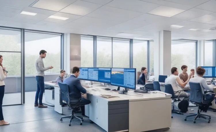 Ein sonnendurchflutetes, modernes Büro mit einem Team aus konzentrierten IT-Profis, die gemeinsam an Bildschirmen mit Code und Sicherheitsdiagrammen arbeiten, während warme Tageslichtstrahlen durch große Fenster fallen und eine Atmosphäre von Vertrauen und Innovationsgeist schaffen.