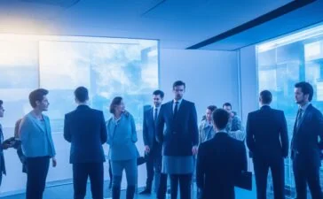 Ein hell erleuchteter, moderner Büroarbeitsplatz mit einem konzentriert lächelnden Team, das aufmerksam vor transparenten Bildschirmen steht, auf denen in natürlichem Licht digitale Daten und KI-Visualisierungen dezent zu erkennen sind – ein dynamischer Moment, der den Wandel in der Unternehmenssichtbarkeit durch generative KI warm und einladend einfängt.