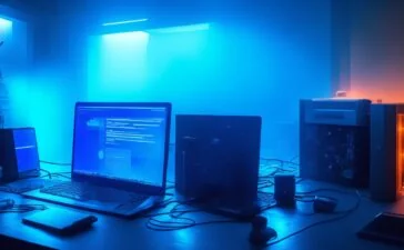 In einem hell erleuchteten, modernen Büroraum sitzt ein developerfreundliches Team konzentriert an ihren Laptops, von warmem Tageslicht durchflutet, umgeben von Codescreens und Notizblöcken, während eine offene Atmosphäre von Zusammenarbeit und technischer Innovation die Szene lebendig und einladend macht.