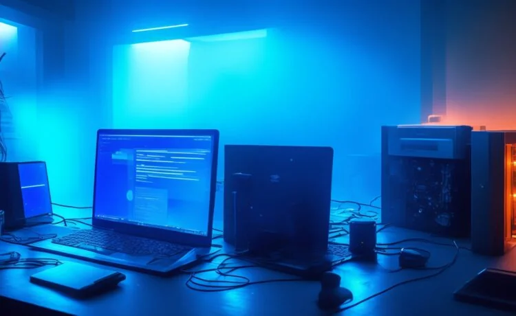 In einem hell erleuchteten, modernen Büroraum sitzt ein developerfreundliches Team konzentriert an ihren Laptops, von warmem Tageslicht durchflutet, umgeben von Codescreens und Notizblöcken, während eine offene Atmosphäre von Zusammenarbeit und technischer Innovation die Szene lebendig und einladend macht.