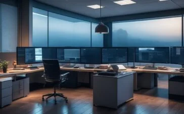 In einem hell erleuchteten, modernen Büro sitzen zwei Entwickler entspannt und konzentriert an einem großen Bildschirm, der lebendige Programmierzeilen und ein schlankes UI-Design zeigt, während warme Sonnenstrahlen durch die Fenster fallen und eine freundliche, inspirierende Arbeitsatmosphäre schaffen.