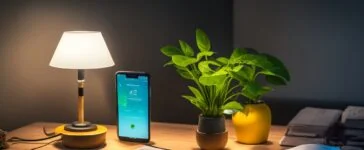 Ein hell erleuchteter, einladender Arbeitsplatz mit einem modernen Smartphone, das auf einem Holzschreibtisch liegt, umgeben von Notizbuch, Kaffeetasse und frischen Pflanzen, das warmes Tageslicht einfängt und die Vielseitigkeit des digitalen Alltags widerspiegelt.