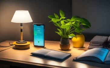 Ein hell erleuchteter, einladender Arbeitsplatz mit einem modernen Smartphone, das auf einem Holzschreibtisch liegt, umgeben von Notizbuch, Kaffeetasse und frischen Pflanzen, das warmes Tageslicht einfängt und die Vielseitigkeit des digitalen Alltags widerspiegelt.