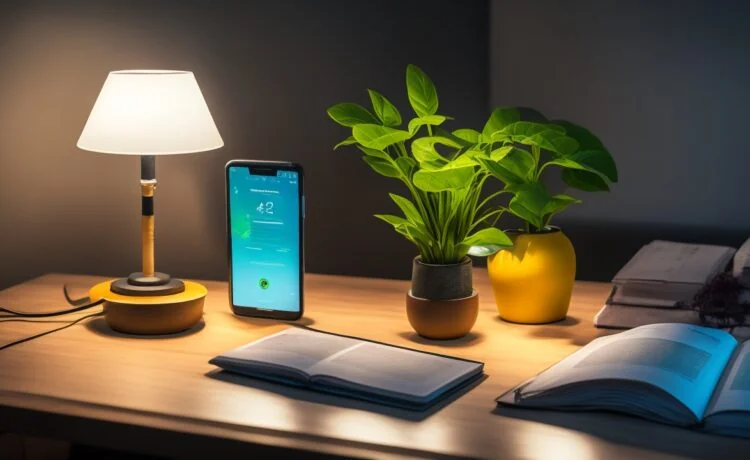 Ein hell erleuchteter, einladender Arbeitsplatz mit einem modernen Smartphone, das auf einem Holzschreibtisch liegt, umgeben von Notizbuch, Kaffeetasse und frischen Pflanzen, das warmes Tageslicht einfängt und die Vielseitigkeit des digitalen Alltags widerspiegelt.