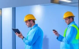Ein sonnendurchfluteter, moderner Arbeitsplatz mit einer entspannten Person, die konzentriert ihr Smartphone in der Hand hält, umgeben von warmen Holztönen und sanfter Tageslichtstimmung, die Behutsamkeit und Schutz persönlicher Smartphone-Fotos symbolisiert.