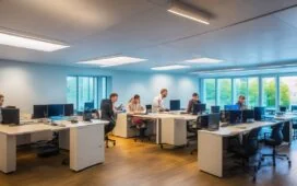 Ein hell erleuchtetes, modernes Büro mit einem freundlichen Team von Mitarbeitenden in angeregter, aber konzentrierter Kommunikation, das gemeinsam an Laptops und Dokumenten arbeitet und dabei Achtsamkeit und Vertrauen ausstrahlt – Sinnbild für gelebte IT-Sicherheit und den Schutz vor Social-Engineering-Angriffen.