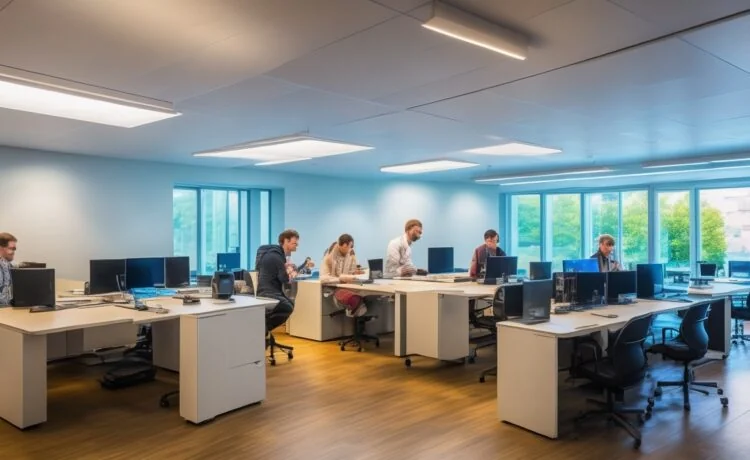 Ein hell erleuchtetes, modernes Büro mit einem freundlichen Team von Mitarbeitenden in angeregter, aber konzentrierter Kommunikation, das gemeinsam an Laptops und Dokumenten arbeitet und dabei Achtsamkeit und Vertrauen ausstrahlt – Sinnbild für gelebte IT-Sicherheit und den Schutz vor Social-Engineering-Angriffen.