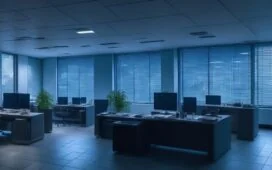 Ein modernes, hell erleuchtetes Büro mit einem konzentrierten IT-Sicherheitsexperten, der vor mehreren Bildschirmen die komplexen Daten eines Serverraums überprüft, während warmes Tageslicht durch große Fenster strömt und eine Atmosphäre von Zuversicht und verantwortungsbewusstem Handeln schafft.