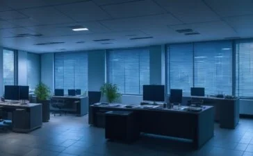 Ein modernes, hell erleuchtetes Büro mit einem konzentrierten IT-Sicherheitsexperten, der vor mehreren Bildschirmen die komplexen Daten eines Serverraums überprüft, während warmes Tageslicht durch große Fenster strömt und eine Atmosphäre von Zuversicht und verantwortungsbewusstem Handeln schafft.