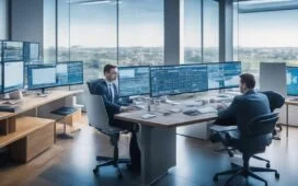 In einem modernen, lichtdurchfluteten Büro sitzen diverse Fachleute entspannt und konzentriert an einem großen Bildschirm, der sichere digitale Kommunikation symbolisiert, während warme Sonnenstrahlen durch große Fenster fallen und eine Atmosphäre von Vertrauen, Kompetenz und digitaler Souveränität schaffen.