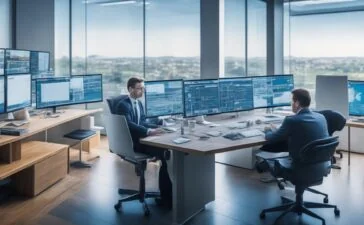 In einem modernen, lichtdurchfluteten Büro sitzen diverse Fachleute entspannt und konzentriert an einem großen Bildschirm, der sichere digitale Kommunikation symbolisiert, während warme Sonnenstrahlen durch große Fenster fallen und eine Atmosphäre von Vertrauen, Kompetenz und digitaler Souveränität schaffen.