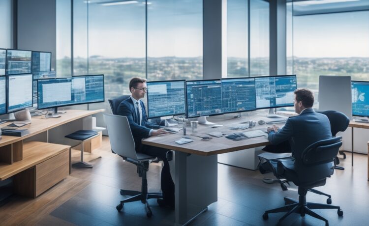 In einem modernen, lichtdurchfluteten Büro sitzen diverse Fachleute entspannt und konzentriert an einem großen Bildschirm, der sichere digitale Kommunikation symbolisiert, während warme Sonnenstrahlen durch große Fenster fallen und eine Atmosphäre von Vertrauen, Kompetenz und digitaler Souveränität schaffen.