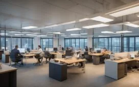 Ein freundlich strahlendes, lichtdurchflutetes Büro mit modernen Arbeitsplätzen, an denen diverse Fachleute in entspannter Atmosphäre konzentriert an digitalen Geräten arbeiten, umgeben von dezentem technologischen Ambiente und warmen Holztönen, das Sicherheitsbewusstsein und souveräne Datenkontrolle symbolisiert.