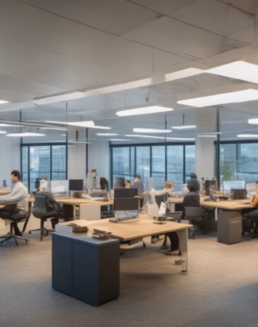 Ein freundlich strahlendes, lichtdurchflutetes Büro mit modernen Arbeitsplätzen, an denen diverse Fachleute in entspannter Atmosphäre konzentriert an digitalen Geräten arbeiten, umgeben von dezentem technologischen Ambiente und warmen Holztönen, das Sicherheitsbewusstsein und souveräne Datenkontrolle symbolisiert.