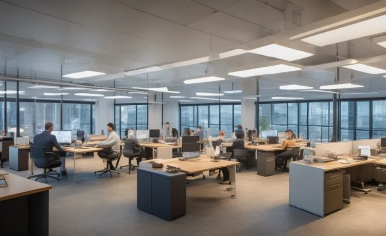 Ein freundlich strahlendes, lichtdurchflutetes Büro mit modernen Arbeitsplätzen, an denen diverse Fachleute in entspannter Atmosphäre konzentriert an digitalen Geräten arbeiten, umgeben von dezentem technologischen Ambiente und warmen Holztönen, das Sicherheitsbewusstsein und souveräne Datenkontrolle symbolisiert.