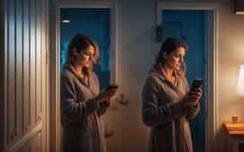 In einem hell erleuchteten, modernen Wohnzimmer entspannt eine lächelnde junge Frau mit Smartphone in der Hand, umgeben von natürlichem Tageslicht und sanften warmen Farbtönen, die Sicherheit und Kontrolle im digitalen Alltag ausstrahlen.