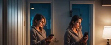 In einem hell erleuchteten, modernen Wohnzimmer entspannt eine lächelnde junge Frau mit Smartphone in der Hand, umgeben von natürlichem Tageslicht und sanften warmen Farbtönen, die Sicherheit und Kontrolle im digitalen Alltag ausstrahlen.