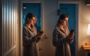 In einem hell erleuchteten, modernen Wohnzimmer entspannt eine lächelnde junge Frau mit Smartphone in der Hand, umgeben von natürlichem Tageslicht und sanften warmen Farbtönen, die Sicherheit und Kontrolle im digitalen Alltag ausstrahlen.