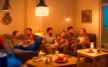 Ein warm beleuchtetes, modernes Wohnzimmer mit entspanntem jungen Menschen, der konzentriert mit Kopfhörern Musik über ein Smartphone streamt, umgeben von natürlichem Tageslicht und einem einladenden Ambiente voller technischer Geräte und gemütlicher Details.